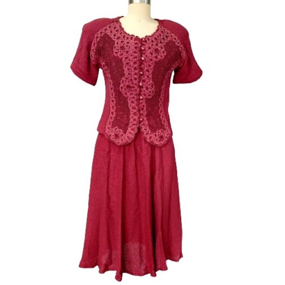 Vintage Spencer Alexis 2 Piece Skirt Set Womens 4 Pink Knit Lace Lagenlook Boho
